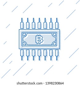 Blue Cryptocurrency concept bitcoin in circle with microchip circuit line icon isolated on white background. Blockchain technology, digital money market. Vector Illustration