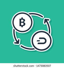 Blue Cryptocurrency exchange icon isolated on green background. Bitcoin to Dash exchange icon. Cryptocurrency technology, mobile banking.  Vector Illustration