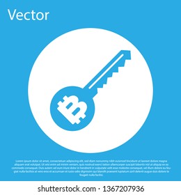 Blue Cryptocurrency key icon isolated on blue background. Concept of cyber security or private key, digital key with technology interface. White circle button. Flat design. Vector Illustration