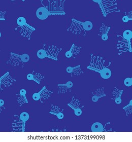 Blue Cryptocurrency key icon isolated seamless pattern on blue background. Concept of cyber security or private key, digital key with technology interface. Vector Illustration