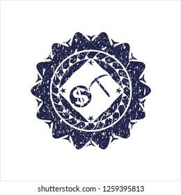 Blue cryptocurrency mining icon inside distressed rubber seal