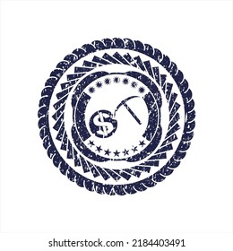 Blue cryptocurrency mining icon inside rubber stamp with grunge texture. 