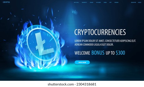 Blue cryptocurrency poster with interface elements, 3D coin of Litecoin in fire flame on a blue blurred background.