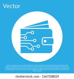 Blue Cryptocurrency wallet icon isolated on blue background. Wallet and bitcoin sign. Mining concept. Money, payment, cash, pay icon. White circle button. Flat design. Vector Illustration