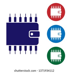 Blue Cryptocurrency wallet icon isolated on white background. Wallet and bitcoin sign. Mining concept. Money, payment, cash, pay icon. Set color icon in circle buttons. Vector Illustration