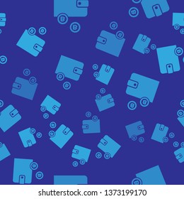 Blue Cryptocurrency wallet icon isolated seamless pattern on blue background. Wallet and bitcoin sign. Mining concept. Money, payment, cash, pay icon. Vector Illustration