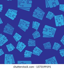 Blue Cryptocurrency wallet icon isolated seamless pattern on blue background. Wallet and bitcoin sign. Mining concept. Money, payment, cash, pay icon. Vector Illustration