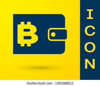 Blue Cryptocurrency wallet icon isolated on yellow background. Wallet and bitcoin sign. Mining concept. Money, payment, cash, pay icon. Vector Illustration