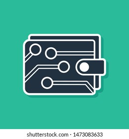 Blue Cryptocurrency wallet icon isolated on green background. Wallet and bitcoin sign. Mining concept. Money, payment, cash, pay icon.  Vector Illustration