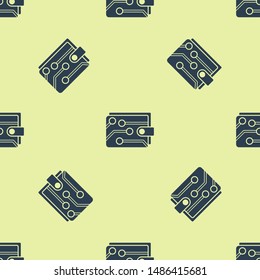 Blue Cryptocurrency wallet icon icon isolated seamless pattern on yellow background. Wallet and bitcoin sign. Mining concept. Money, payment, cash, pay icon. Vector Illustration