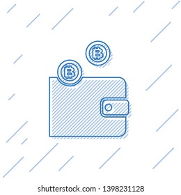 Blue Cryptocurrency wallet line icon isolated on white background. Wallet and bitcoin sign. Mining concept. Money, payment, cash, pay icon. Vector Illustration