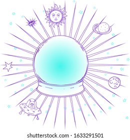 Blue crystal Ball with with all seeing eye inside isolated on white. Creepy cute vector illustration. Gothic design, mystic magic symbol, pastel colors. Future telling, Halloween concept.