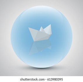 blue crystal ball which can see white paper boat and its reflection