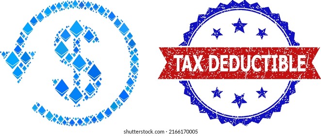 Blue crystal collage dollar chargeback icon, and bicolor unclean Tax Deductible seal stamp. Gemstone related elements are grouped into abstract collage dollar chargeback icon.