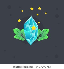Icono de juego esotérico mágico de la gema del cristal azul con las ramas verdes y las estrellas diseño de Vector aislado