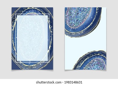 Fondo azul de cristal geométrico con brillo y grietas doradas. Mano dibujada de color de agua teal amethyst. Espumosa gema con fondo de borde dorado para invitación a boda, decoración, tarjeta.