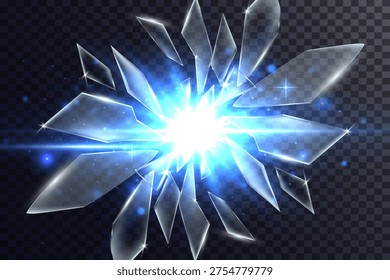Blue Crystal Glass Explosion with Bright Energy Light