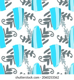 patrón de cristal azul con estampado floral. Patrón sin fisuras de color azul estilo doodle con hojas grises con rizos, colocado al azar sobre un fondo blanco para una plantilla de diseño mágico