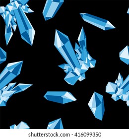 blue crystal pattern. Topaz pattern, Seamless pattern with blue shiny crystals. Glossy blue aquamarine gems on black blue crystal seamless pattern. Blue crystals on white. Crystal pattern. Blue