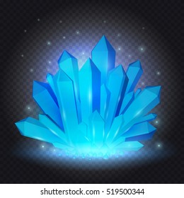 Blue crystals on transparent background. Gemstone, mineral stone or ice. Vector illustration.
