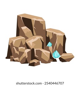 Blue crystals in rocks in flat design. Mining shiny diamonds in quarry. Vector illustration isolated.