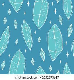 Blue crystals Seamless pattern Magic witch crystals Attributes of wizards Vector illustration of Halloween elements on a blue background