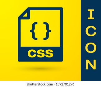 Blue CSS file document icon. Download css button icon isolated on yellow background. CSS file symbol. Vector Illustration