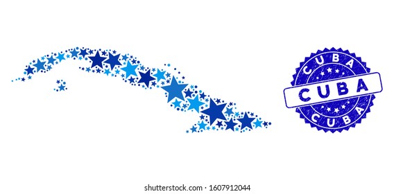 Blue Cuba map collage of stars, and grunge rounded stamp seal. Abstract territory plan in blue color tinges. Vector Cuba map is designed from blue stars. Designed for political and patriotic agitprop.