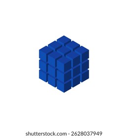 Cubo azul hecho de bloques Pequeños, el núcleo del procesador. Base de datos en la nube. Servicio de computación cuántica. Programación e innovación. Fondo aislado. Ilustración vectorial.