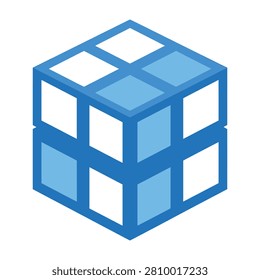 A blue cube puzzle toy with white and light blue squares on each side, perfect for problem solving and brain teasers