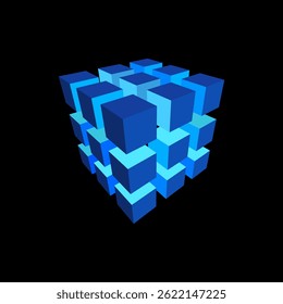Cubo azul da grade quadrada. Projeto vetorial de blocos de energia. Quebra-cabeça geométrico, cúbico isométrico. Tecnologia de rede de engenharia de computação. Matriz de caixa de Big Data. Elemento HUD isolado no plano de fundo preto