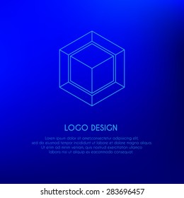 Blue cube vector logo. Thin line. Hipster sign
