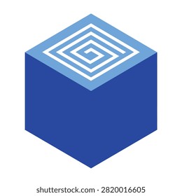 A blue cube with a white maze design on top, geometric shape, abstract concept