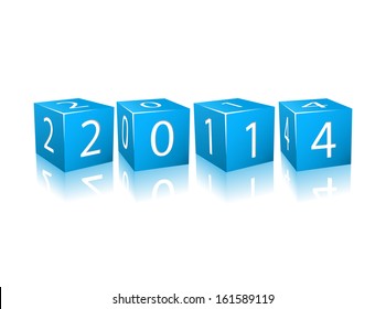 Blue Cubes with 2014 Year Numbers along Blue Edge of Block . Illustration Isolated on White Background