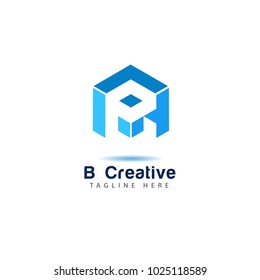 Blue Cubic alphabet company logo template with letter B. Modern 3d geometric font