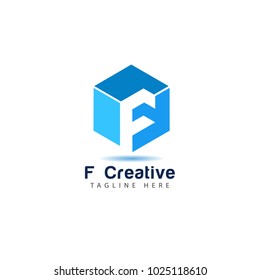 Blue Cubic alphabet company logo template with letter F. Modern 3d geometric font