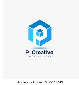 Blue Cubic alphabet company logo template with letter P. Modern 3d geometric font