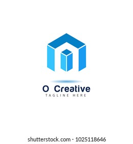 Blue Cubic alphabet company logo template with letter O. Modern 3d geometric font