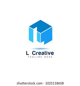 Blue Cubic alphabet company logo template with letter L. Modern 3d geometric font