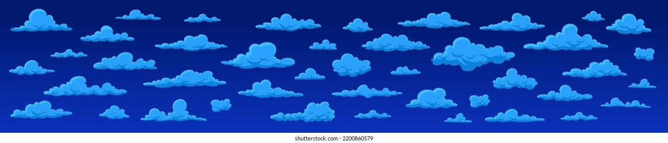 Blue cumulus clouds against a dark evening sky in moonlight. Vector illustration. Game design of the environment. Panorama