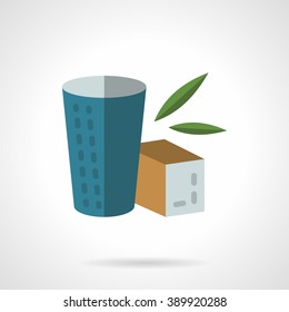 Blue cup and brown box with herbal tea. Organic and healthy food and beverages. Flat color style vector icon. Web design element for site, mobile and business.