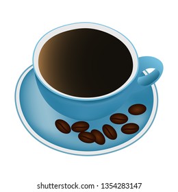 Blue cup of coffee and coffee beans isolated on white background. Vector illustration.