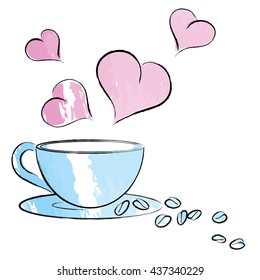 blue cup of coffee beans and pink rose hearts watercolor sketch vector
