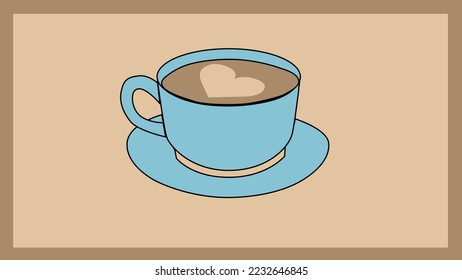 blue cup of coffee with heart on the beige background for card