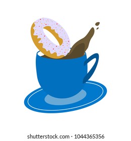 Blue cup of coffee with little drop in air and donut on white background Vector Illustration