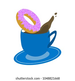 Blue cup of coffee with little drop in air and pink donut on white background Vector Illustration