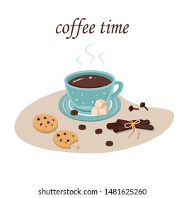 Blue Cup of coffee with sugar slices, chocolate chip cookies, cinnamon, coffee beans, cloves. 