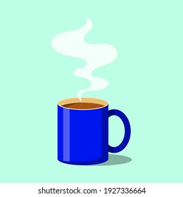 Blue cup of coffee or tea. Coffee cup with smoke float up. Vector Illustration. Flat Style. Decorative design for cafeteria, posters, banners, cards.