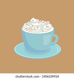 Blue cup of coffee with whipped cream. Perfect for a menu or poster iforrestaurant or coffee shop