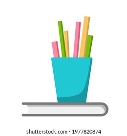 Blue cup with colourful pencils standing on grey book, isolated on white background. Flat style, vector illustration